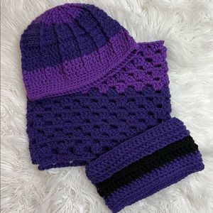 💜3 piece Hand-Made Crochet Beanie, Hat & Scarf🖤